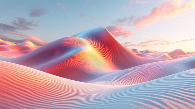 Vibrant sand dunes capture the morning light, displaying hues of pink, orange, and blue. The undulating hills create a dreamlike atmosphere under a gently glowing sky.