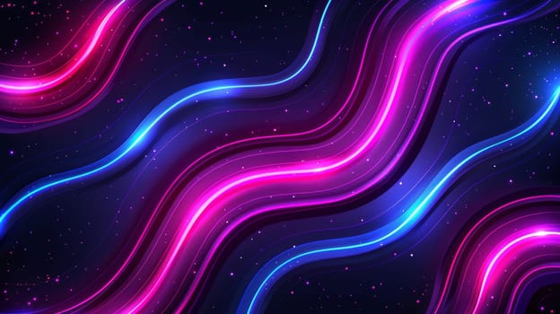 Bright neon waves in vibrant shades of pink and blue gracefully flow across a deep dark backdrop, creating a striking visual effect reminiscent of cosmic energy and modern digital art.