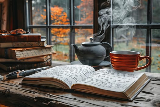 Warm light streams through the window onto a wooden table filled with a steaming cup of tea, a teapot, an open journal filled with handwriting, and stacks of books, evoking a peaceful atmosphere.