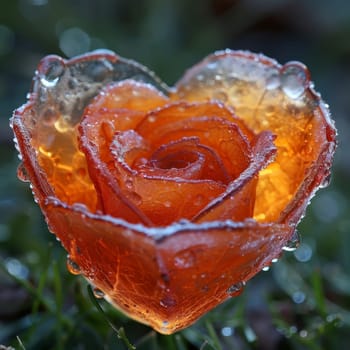 A heart-shaped rose sits delicately on the grass, made from translucent gel. Water droplets cling to its vibrant orange petals, creating a striking visual contrast in a serene outdoor setting.