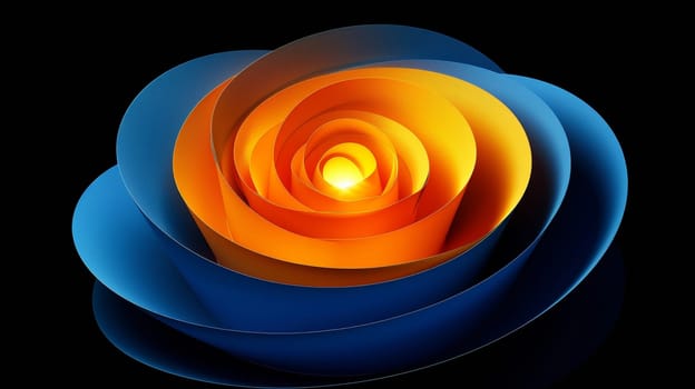 A vibrant abstract flower design features layered shapes in hues of orange and blue, creating a dynamic visual effect against a solid dark background, showcasing depth and movement.