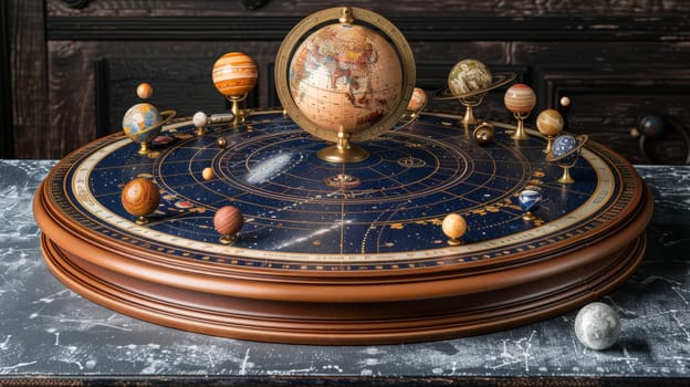 This detailed model of the solar system showcases planets arranged around a central globe. The construction features intricate designs with a dark blue background, resembling the night sky.