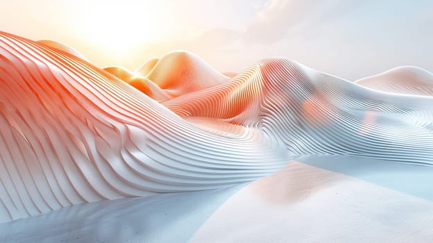 Undulating sand dunes stretch across the horizon, illuminated by the warm glow of the setting sun. The soft curves and lines of the dunes create a tranquil atmosphere in this desert landscape.