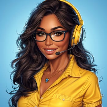A young woman with long black hair and glasses smiles while wearing a bright yellow shirt. She has a headset on, suggesting she is engaged in a conversation or online activity.