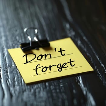 A yellow sticky note with the message Don't forget is clipped to a dark wooden table. This visual highlights the importance of reminders in daily life and personal organization.