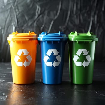 Three vibrant recycling bins in orange, blue, and green stand together against a dark textured surface. Each bin features a recycling symbol, promoting environmental awareness and waste management.