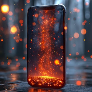 A smartphone displays swirling orange particles, producing a mesmerizing effect. The dark environment enhances the vibrant glow, creating a mystic atmosphere.