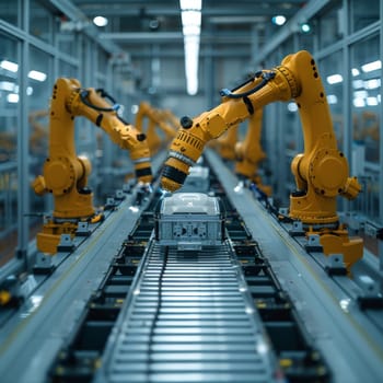 Highly automated production line features multiple robotic arms efficiently assembling products. The facility is well-lit and organized, showcasing advanced manufacturing technology in action.