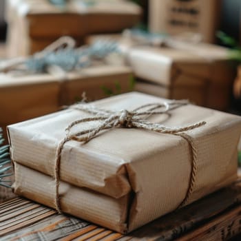 Neatly wrapped gifts in brown paper are arranged on a rustic wooden surface. Twine ties each package, accompanied by accents of greenery, creating a festive atmosphere.