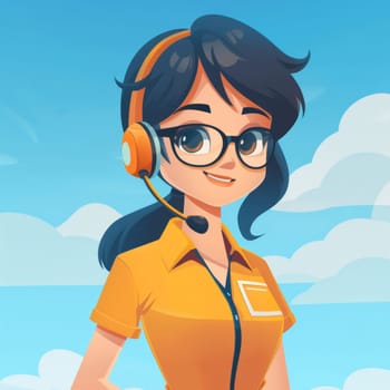 A cheerful young woman with glasses and a headset smiles warmly against a bright blue sky filled with fluffy clouds. She wears a vibrant orange shirt, embodying a friendly customer service persona.
