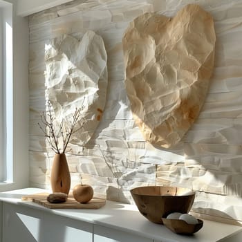 Two large, heart-shaped pieces of textured artwork adorn a light-colored wall. A stylish wooden vase with branches and bowls create a serene atmosphere in a bright, contemporary space.