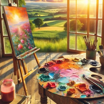 A painter's studio with an easel, paint palette, brushes, and a painting depicting a vibrant landscape scene, all bathed in warm sunlight streaming through a large window. A high-quality AI-generated photo.