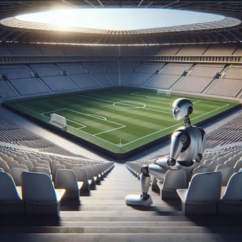A silver robot sits in an empty stadium, looking out at the soccer field. A high-quality AI-generated photo.