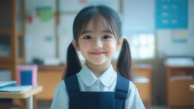 Little cute smiling Asian schoolgirl wearing uniform in classroom looking into camera. Back to school concept.