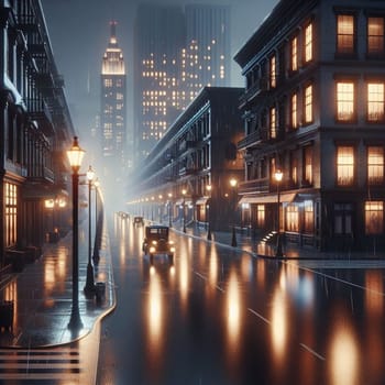 A rainy night scene in a vintage-style city street, with classic cars driving on a wet road illuminated by gas lamps. A high-quality AI-generated photo.