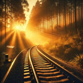 A winding railway track disappears into a sunlit forest, creating a sense of mystery and adventure. A high-quality AI-generated photo.