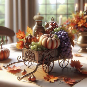 A miniature wagon filled with pumpkins and grapes, set on a table with autumnal decorations, creating a festive autumnal scene. A high-quality AI-generated photo.