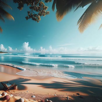 A tranquil tropical beach scene with a chair and seashells, set against a beautiful turquoise ocean and blue sky. A high-quality AI-generated photo.