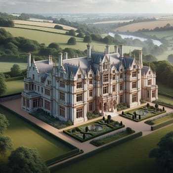 Aerial view of a grand mansion with manicured gardens and a fountain, set in a lush green landscape. A high-quality AI-generated photo.