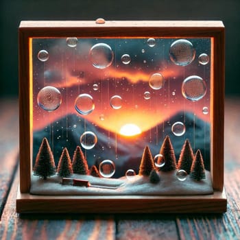A miniature winter scene inside a wooden frame, with bubbles representing rain or snow against a sunset backdrop. A high-quality AI-generated photo.