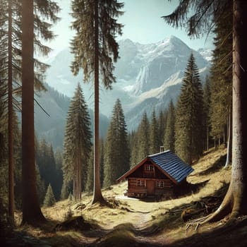 A rustic wooden cabin nestled in a lush forest with a snow-capped mountain range in the background. A high-quality AI-generated photo.