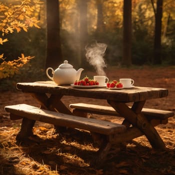 Two cups of tea and a plate of strawberries are set on a rustic wooden picnic table in an autumnal forest. A high-quality AI-generated photo.