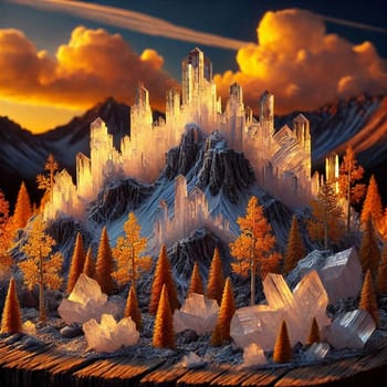 A fantastical landscape featuring a mountain composed of crystalline structures, surrounded by miniature orange trees and crystal formations. A high-quality AI-generated photo.