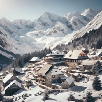 Aerial view of a snow-covered village nestled in a mountainous region, with a dramatic mountain range in the background. A high-quality AI-generated photo.