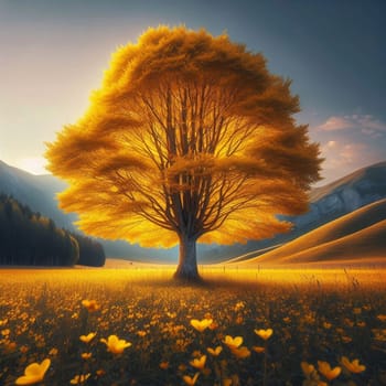 A large, vibrant yellow tree standing in a field of yellow wildflowers, with mountains and forest in the background. A high-quality AI-generated photo.