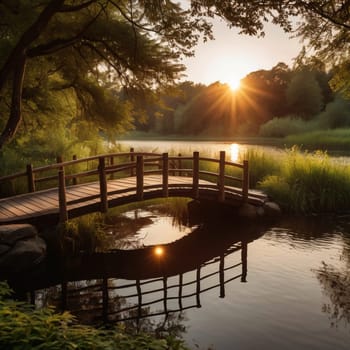 A wooden footbridge reflects in the calm water of a lake at sunset, framed by lush greenery and trees. A high-quality AI-generated photo.