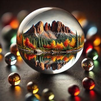 A mountain landscape reflected in a glass sphere, creating a miniature, surreal scene with autumnal colors. A high-quality AI-generated photo.