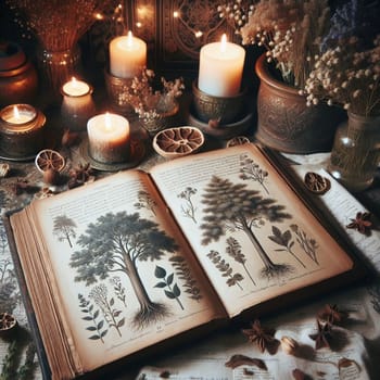 A still life arrangement featuring an open book of botanical illustrations, surrounded by candles and dried flowers, creating a mystical and autumnal atmosphere. A high-quality AI-generated photo.