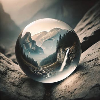A glass sphere reflecting a mountain landscape with a waterfall, creating a surreal and miniature effect. A high-quality AI-generated photo.