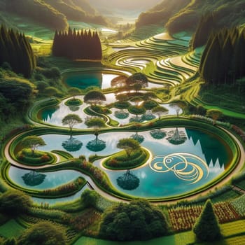Aerial view of a unique landscape with winding waterways and lush greenery, featuring perfectly symmetrical ponds and trees. A high-quality AI-generated photo.