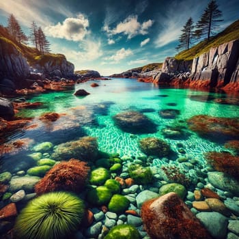 Crystal clear ocean water laps a rocky shoreline, with lush greenery and a sunny sky. A high-quality AI-generated photo.