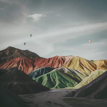 A landscape of colorful, layered hills with hot air balloons floating in the sky. A high-quality AI-generated photo.