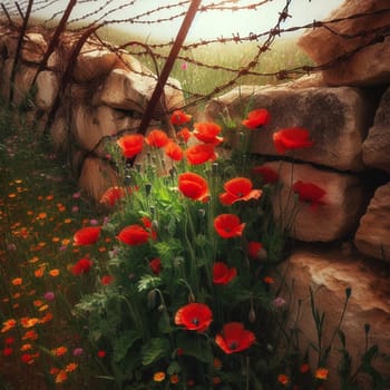 Poppies growing through rusty barbed wire on a stone wall, against a blurred background of a field. A high-quality AI-generated photo.