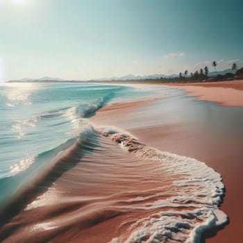 A tranquil beach scene with calm ocean waves lapping on a sandy shore, with a few palm trees in the distance. A high-quality AI-generated photo.