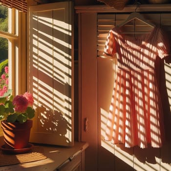 A pink dress hangs on a vintage-style wardrobe in a sunlit room, with a geranium plant on the windowsill. A high-quality AI-generated photo.