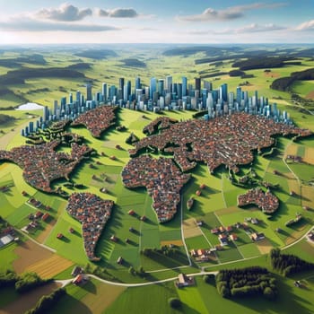 A world map composed of buildings and houses set in a green landscape, representing global urbanization and nature. A high-quality AI-generated photo.