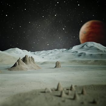 A desolate, alien landscape with sand dunes and rocky formations under a night sky with a large planet. A high-quality AI-generated photo.