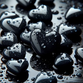 Close-up of wet black heart-shaped stones, creating a dramatic and romantic composition. A high-quality AI-generated photo.