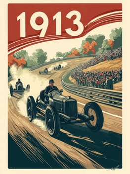 Vintage automobiles race around a bend in a historic motorsport event, thrilling the crowd of spectators eagerly watching from the sidelines in 1913.