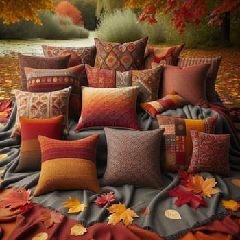 Various richly colored throw pillows arranged on a gray blanket in an autumn setting, near a pond. A high-quality AI-generated photo.
