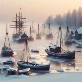 A fleet of vintage wooden sailing ships and boats frozen in a harbor during a foggy winter morning. A high-quality AI-generated photo.