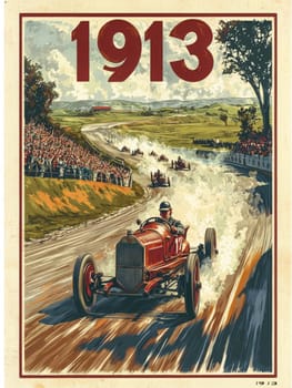 Classic race cars compete on a curving track in 1913, with a vibrant crowd watching. Dust clouds rise as the cars navigate the challenging course amidst a picturesque landscape.