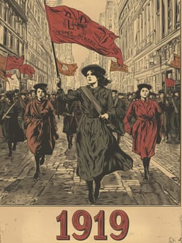 Women parade down the bustling city streets, proudly holding red flags and advocating for social change. Clad in long coats, they embody the spirit of activism in 1919.