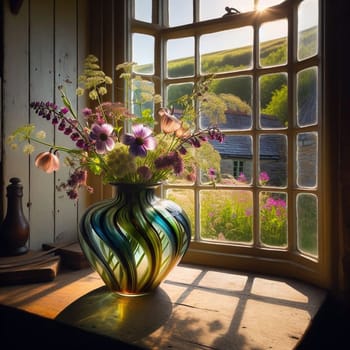 A rustic still life featuring a bouquet of wildflowers in a colorful glass vase, set on a wooden windowsill with a view of a picturesque countryside. A high-quality AI-generated photo.