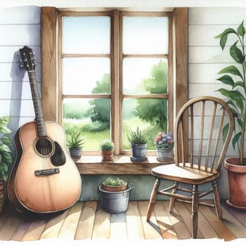 Watercolor painting of a cozy room with a guitar leaning against the wall, a wooden chair, and potted plants on a windowsill overlooking a sunlit landscape. A high-quality AI-generated photo.
