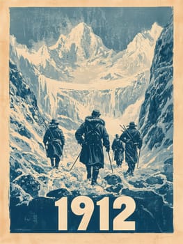 Four climbers trek through a snow-covered landscape towards a glacier, surrounded by towering mountains. The poster captures a historic expedition spirit from the year 1912.